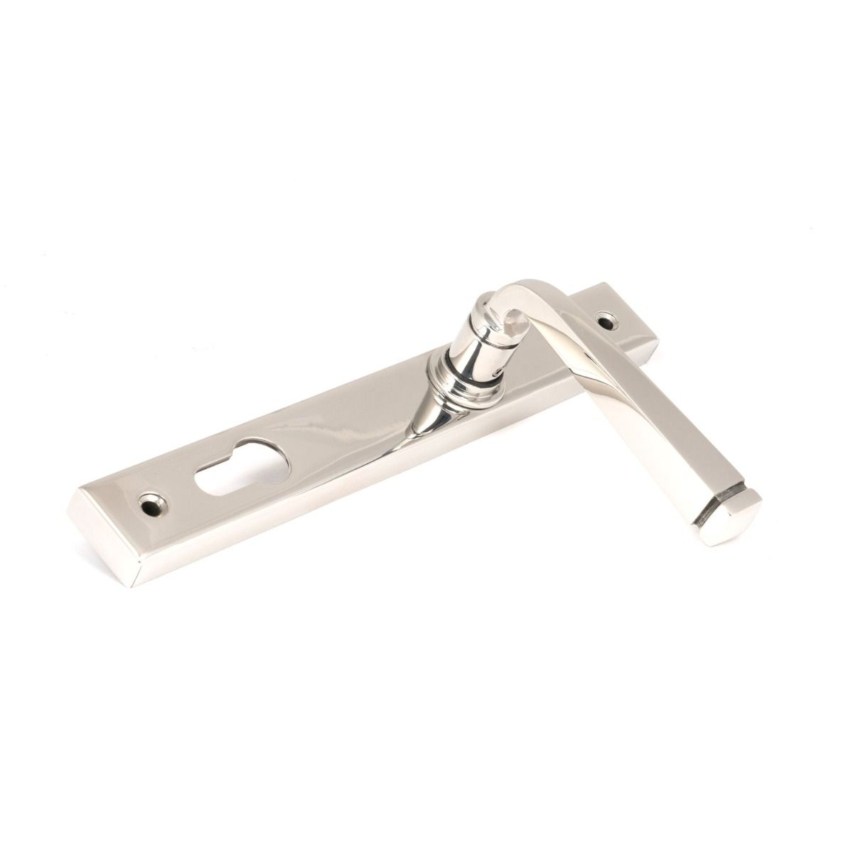 The Valen Lever Espagnolette Door Handle Set in Polished Stainless Steel Shown Lying it on its Side on a White Background