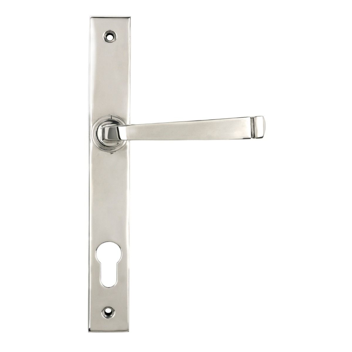 The Valen Lever Espagnolette Door Handle Set in Polished Stainless Steel Shown on a White Background with Handle to the Right