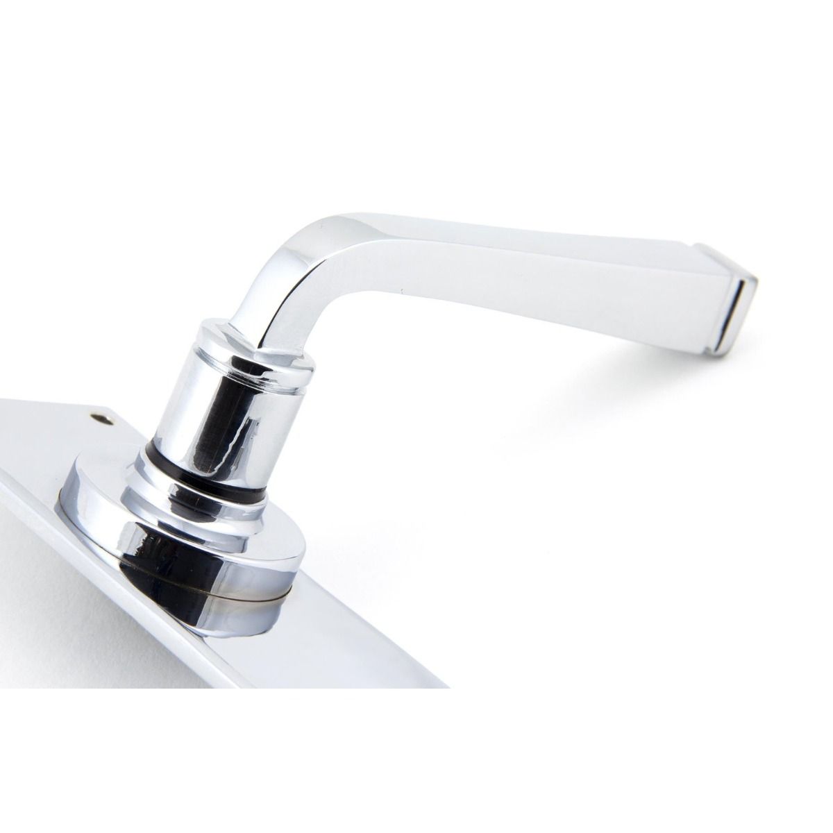 The Valen Lever Euro Lock Door Handle Set in Polished Stainless Steel Showing where the Handle Attaches to the Backplate