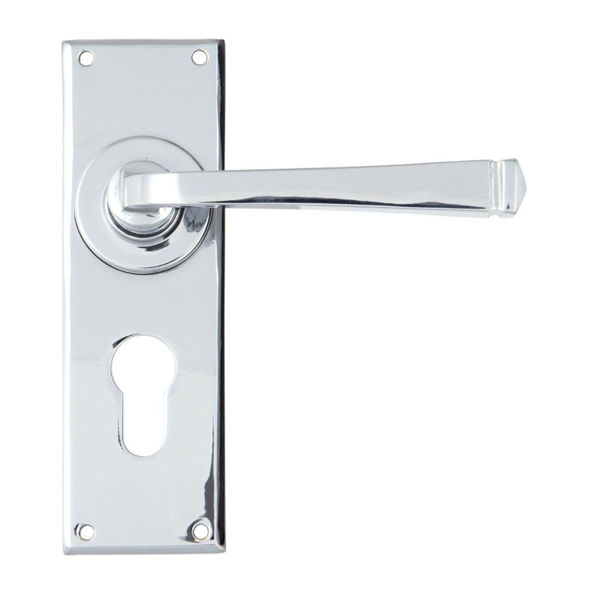 The Valen Lever Euro Lock Door Handle Set in Polished Stainless Steel Shown from the Front on a White Background