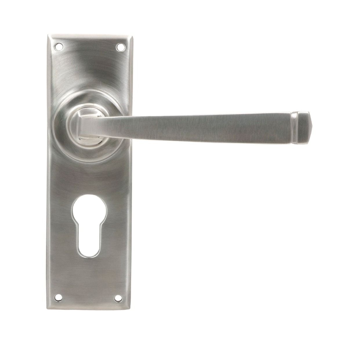 The Valen Lever Euro Lock Door Handle Set in Satin Stainless Steel Shown from the Front on a White Background