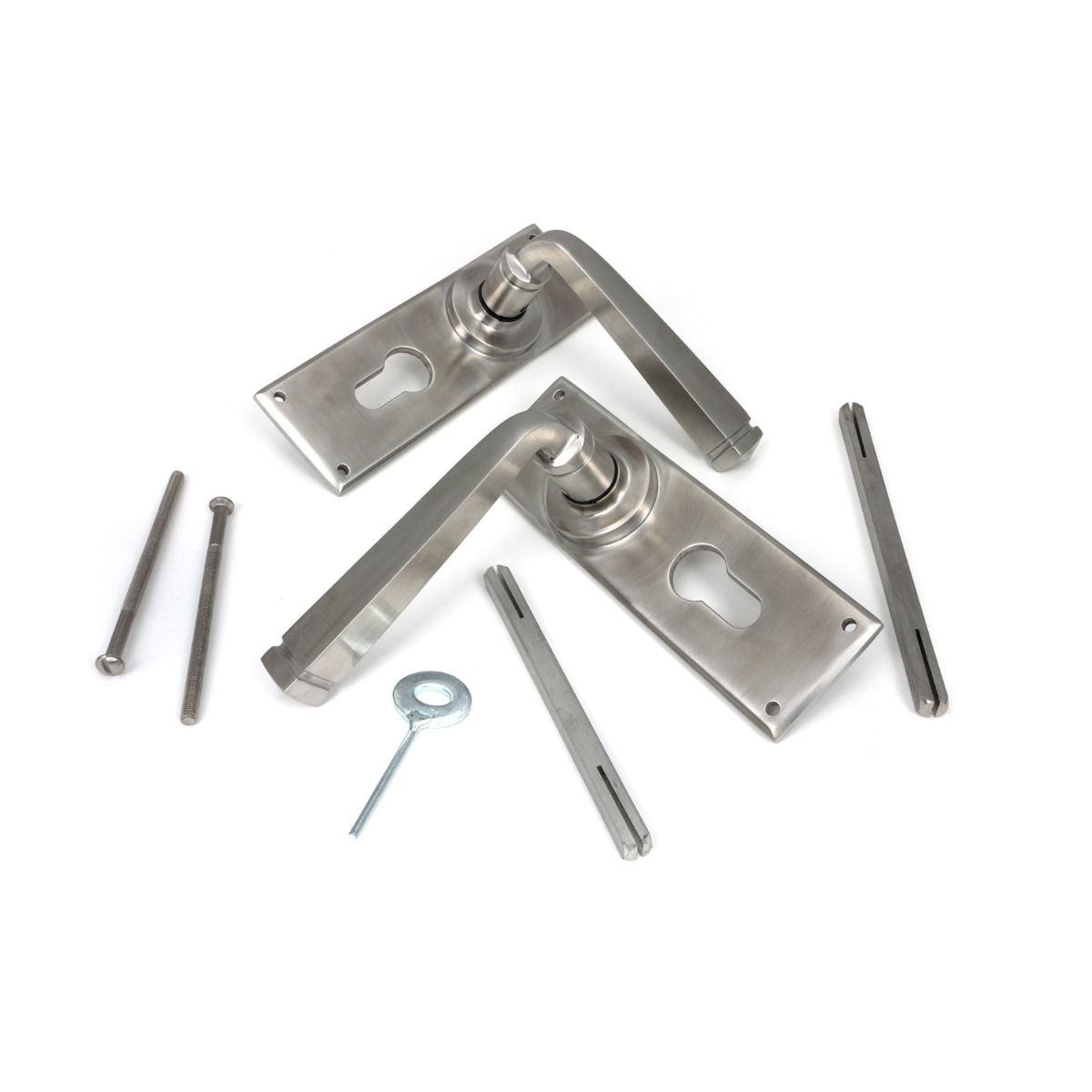 The Valen Lever Euro Lock Door Handle Set in Satin Stainless Steel Shown With Supplied Parts including Spindles and Screws
