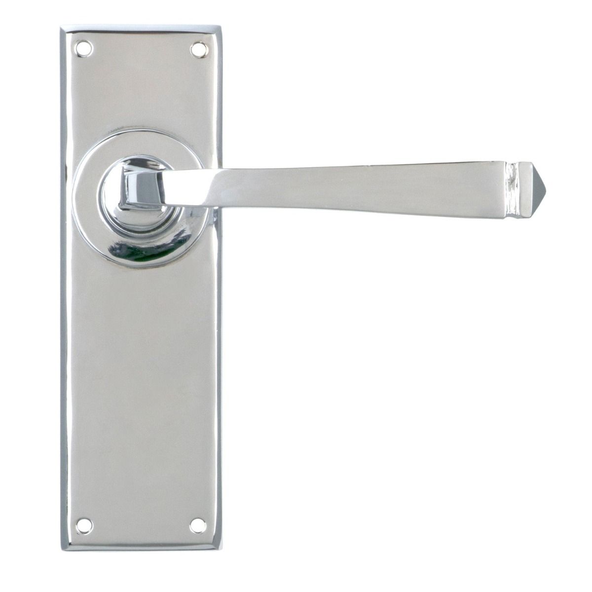 The Valen Lever Latch Door Handle Set in Polished Stainless Steel With Handle to The Right on a White Background