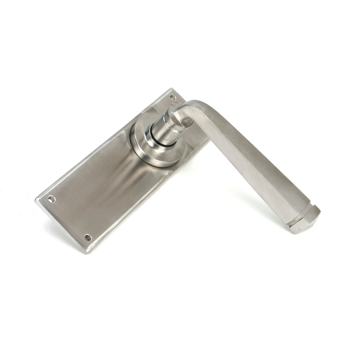 The Valen Lever Latch Door Handle Set in Satin Stainless Steel Shown Lying on its Side on a White Background