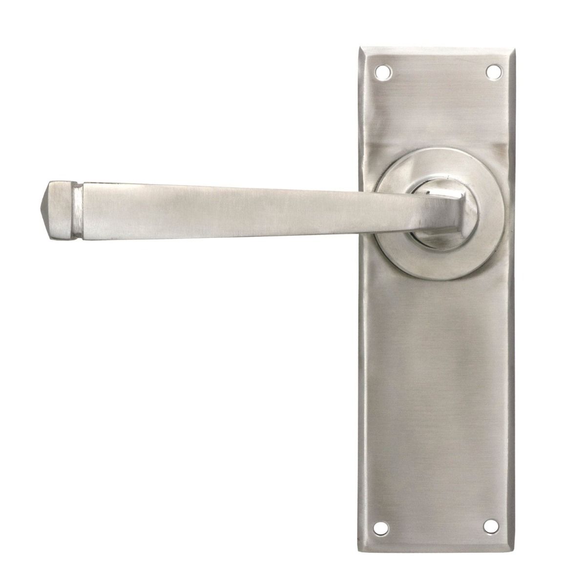 The Valen Lever Latch Door Handle Set in Satin Stainless Steel With Handle to The Left on a White Background