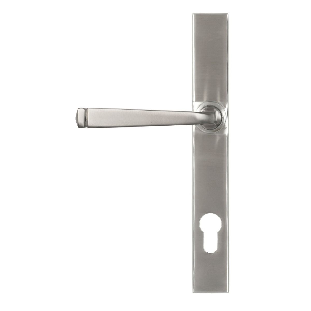 The Valen Slimline Lever Espagnolette Door Handle Set in Satin Stainless Steel Shown on a White Background with Handle to the Left