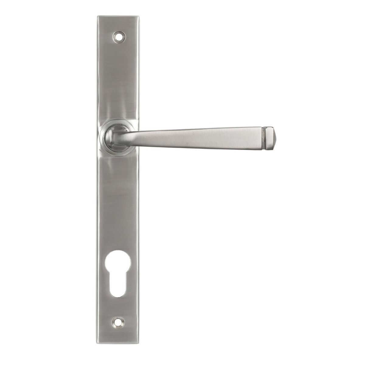 The Valen Slimline Lever Espagnolette Door Handle Set in Satin Stainless Steel Shown on a White Background with Handle to the Right