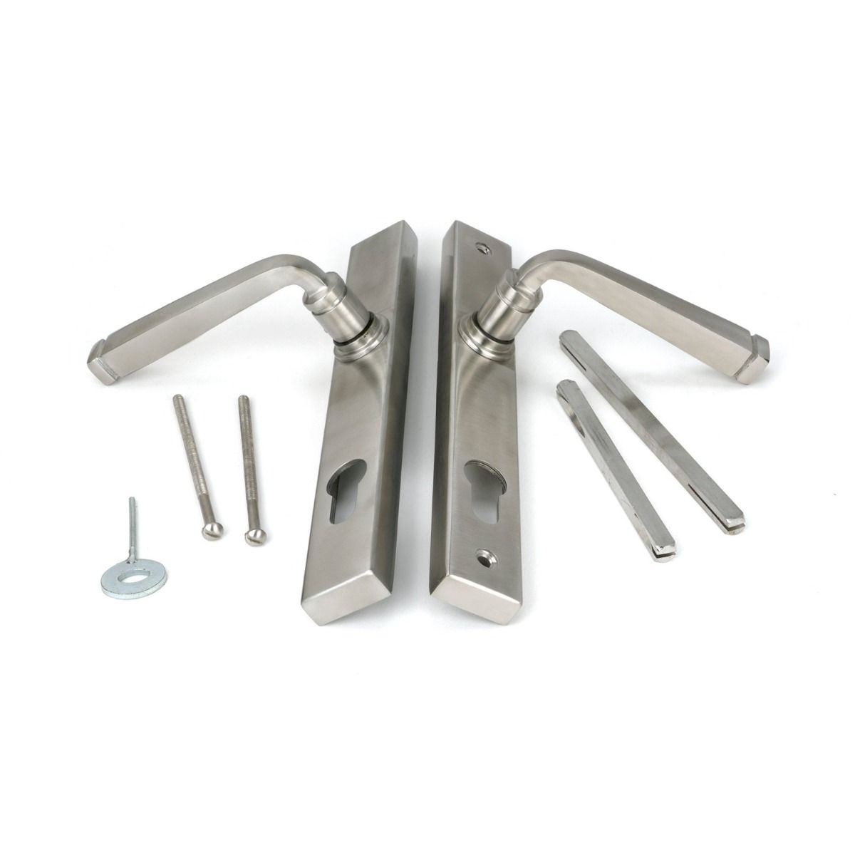 The Valen Slimline Lever Espagnolette Door Handle Set in Satin Stainless Steel Shown with all Supplied Components including Spindle and Screws