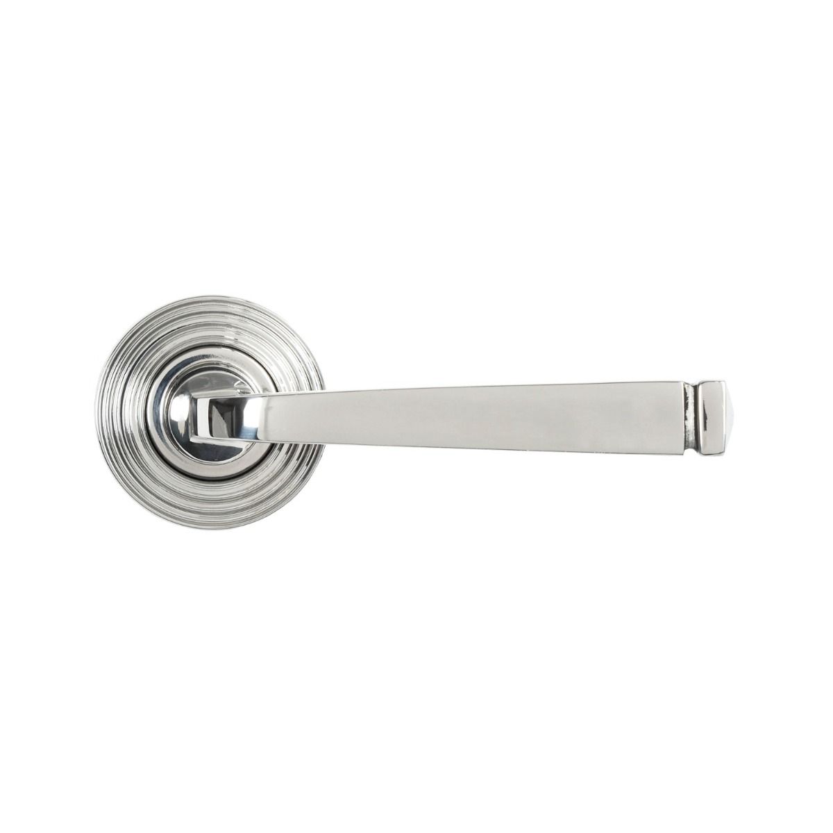The Valen Tapered Sprung Handle Set on a Beehive Rose in Polished Stainless Steel Shown from the From the Front on a White Background