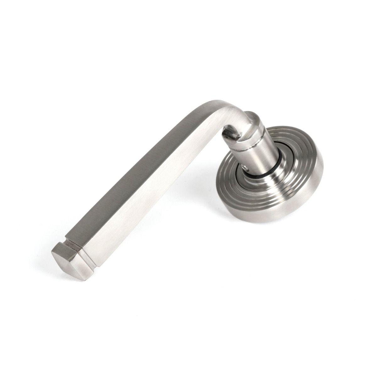 The Valen Tapered Sprung Handle Set on a Beehive Rose in Satin Stainless Steel Shown at an Angle on a White Background