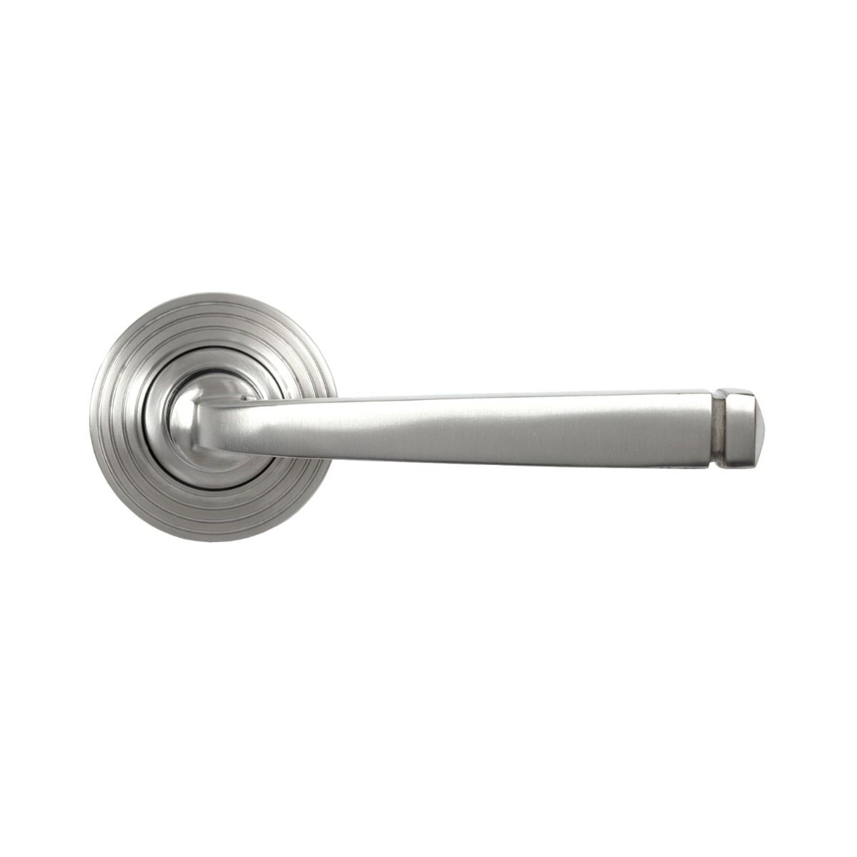 The Valen Tapered Sprung Handle Set on a Beehive Rose in Satin Stainless Steel Shown from the Front on a White Background