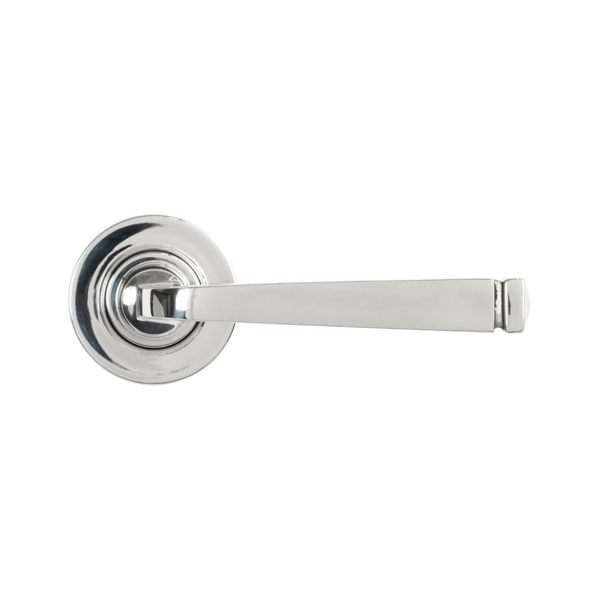 The Valen Tapered Sprung Handle Set on a Round Rose in Polished Stainless Steel Shown from the From the Front on a White Background