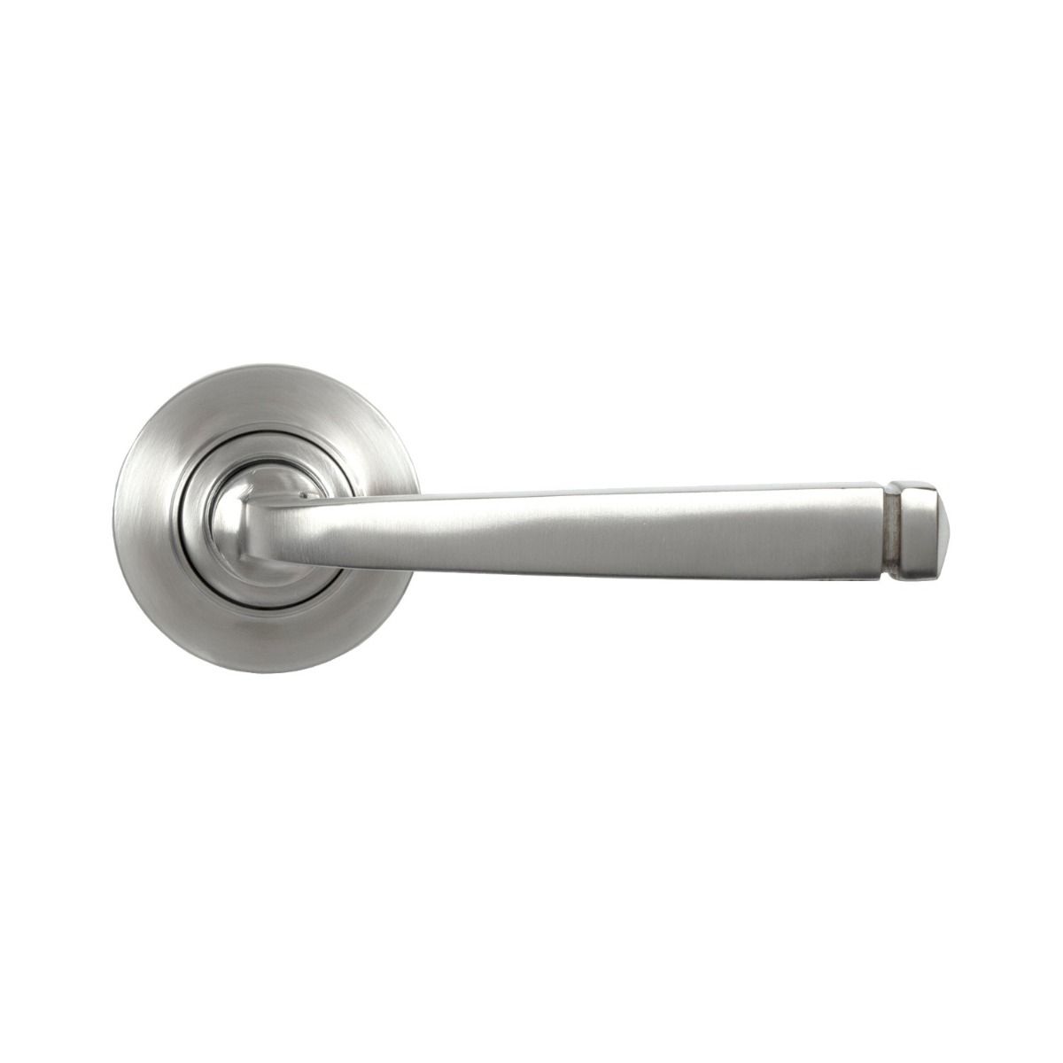 The Valen Tapered Sprung Handle Set on a Round Rose in Satin Stainless Steel Shown from the Front on a White Background