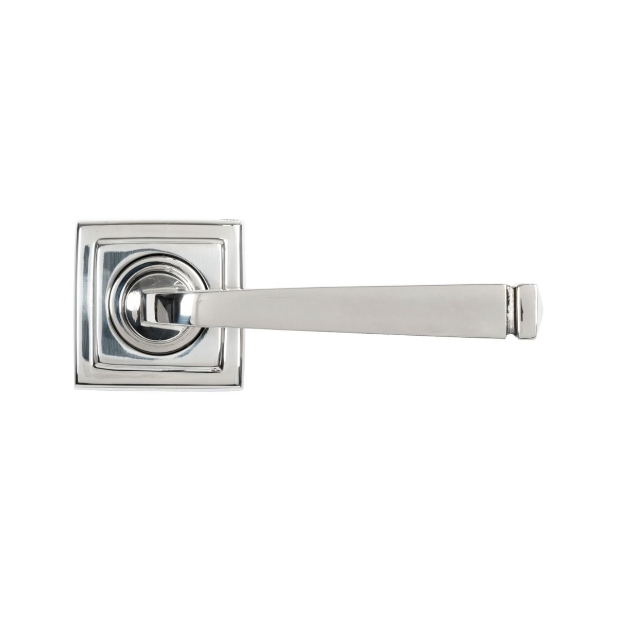 The Valen Tapered Sprung Handle Set on a Square Rose in Polished Stainless Steel Shown from the From the Front on a White Background