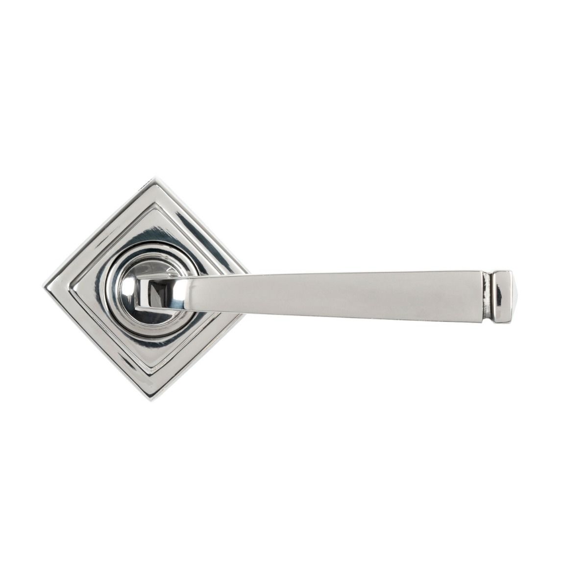 The Valen Tapered Sprung Handle Set on a Square Rose in Polished Stainless Steel Shown with the Backplate in a Diamond Orientation on a White Background