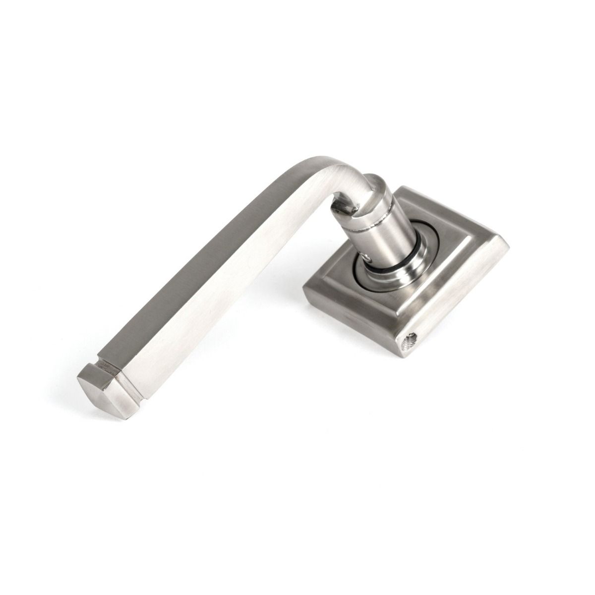 The Valen Tapered Sprung Handle Set on a Square Rose in Satin Stainless Steel Shown at an Angle on a White Background