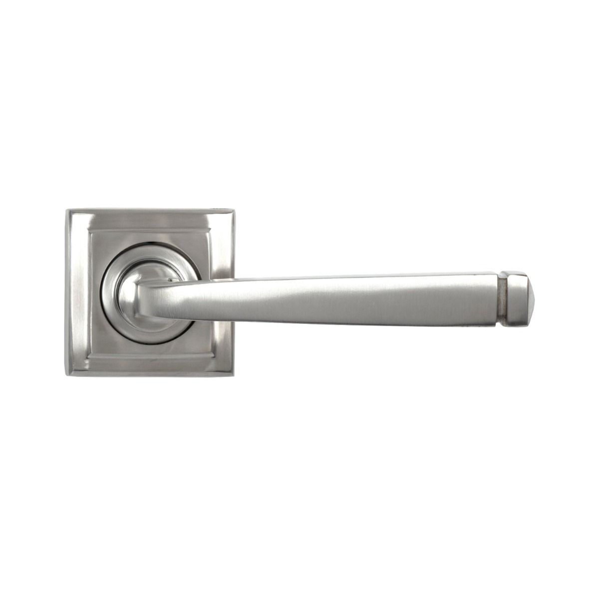 The Valen Tapered Sprung Handle Set on a Square Rose in Satin Stainless Steel Shown from the Front on a White Background