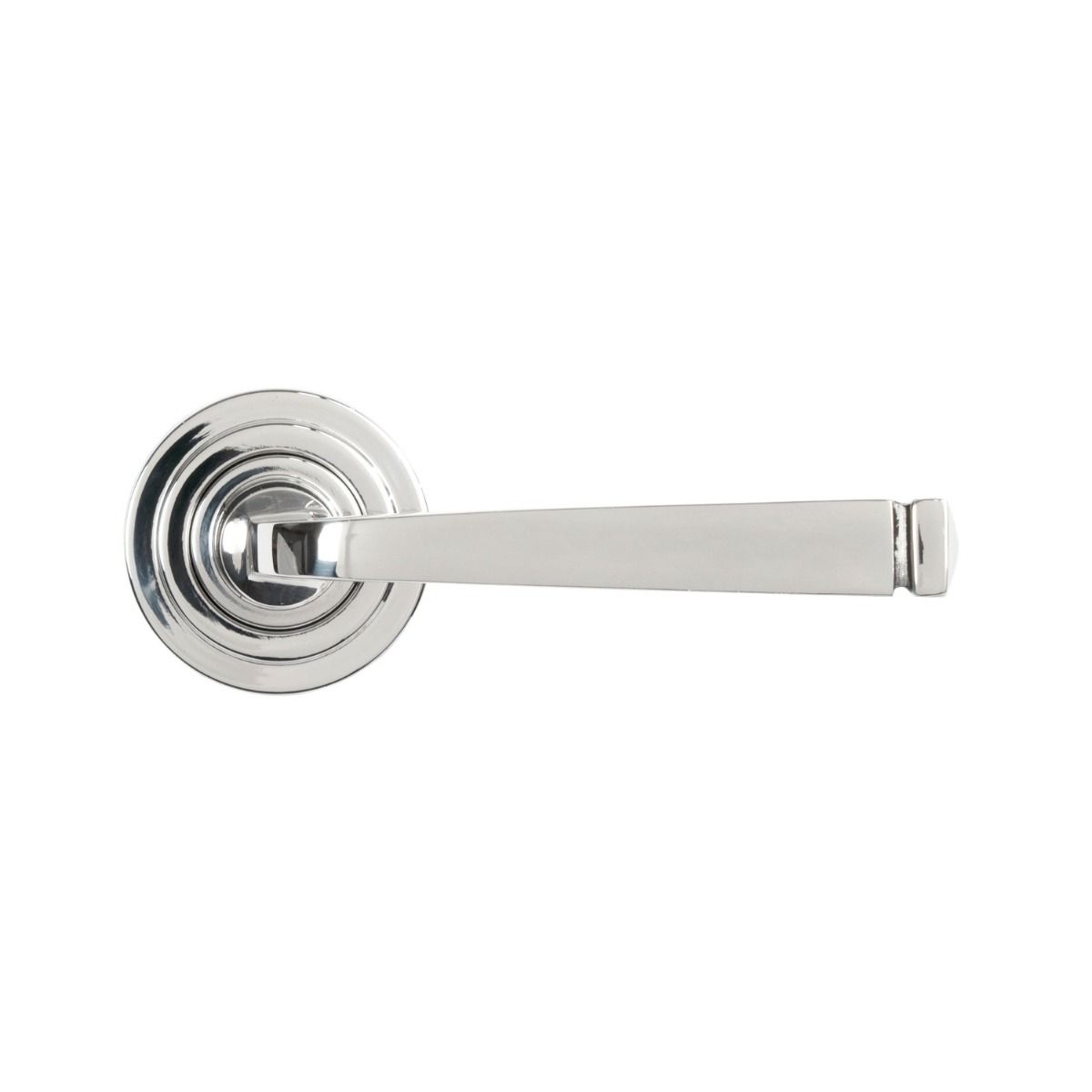 The Valen Tapered Sprung Handle Set on an Art Deco Rose in Polished Stainless Steel Shown from the From the Front on a White Background