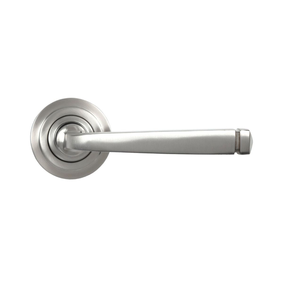 The Valen Tapered Sprung Handle Set on an Art Deco Rose in Satin Stainless Steel Shown from the Front on a White Background
