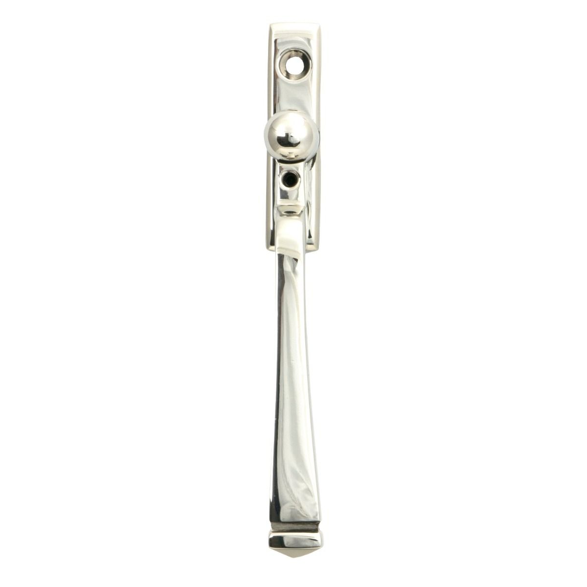 The Valen Tapered Window Espagnolette Handle in Polished Stainless Steel Shown from the Front on a White Background