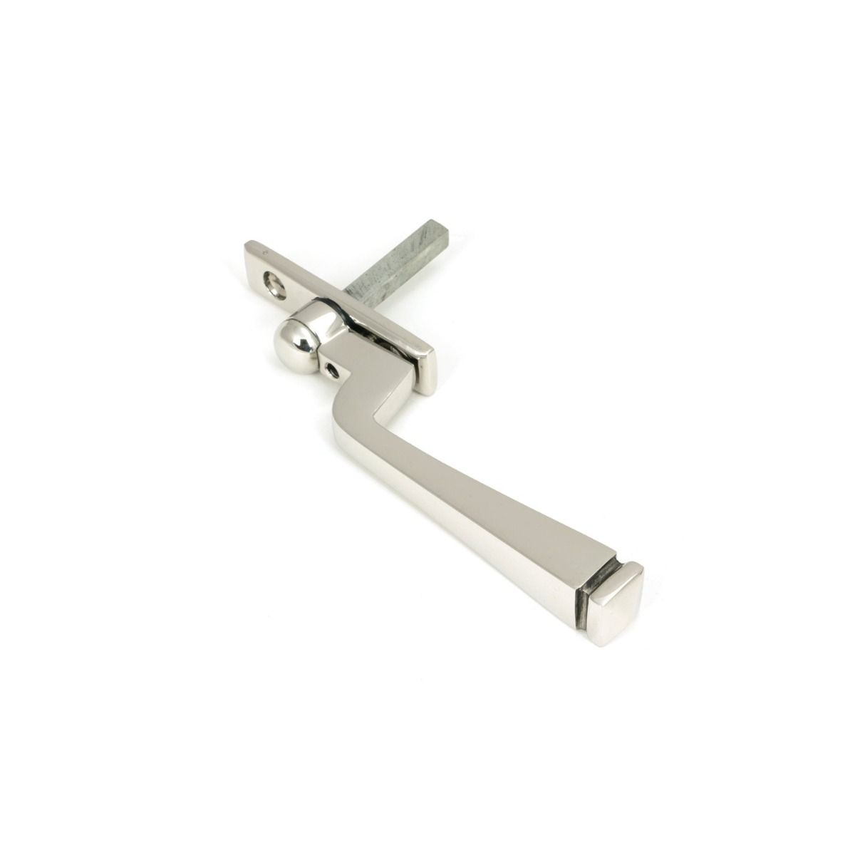 The Valen Tapered Window Espagnolette Handle in Polished Stainless Steel Shown Laying on its Side on a White Background