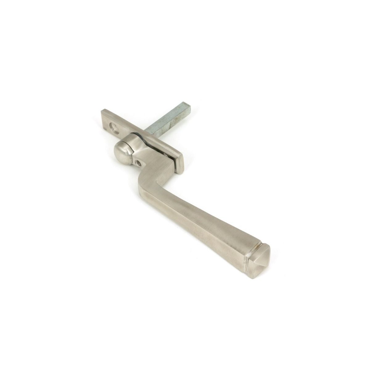 The Valen Tapered Window Espagnolette Handle in Satin Stainless Steel Shown Laying on its Side on a White Background