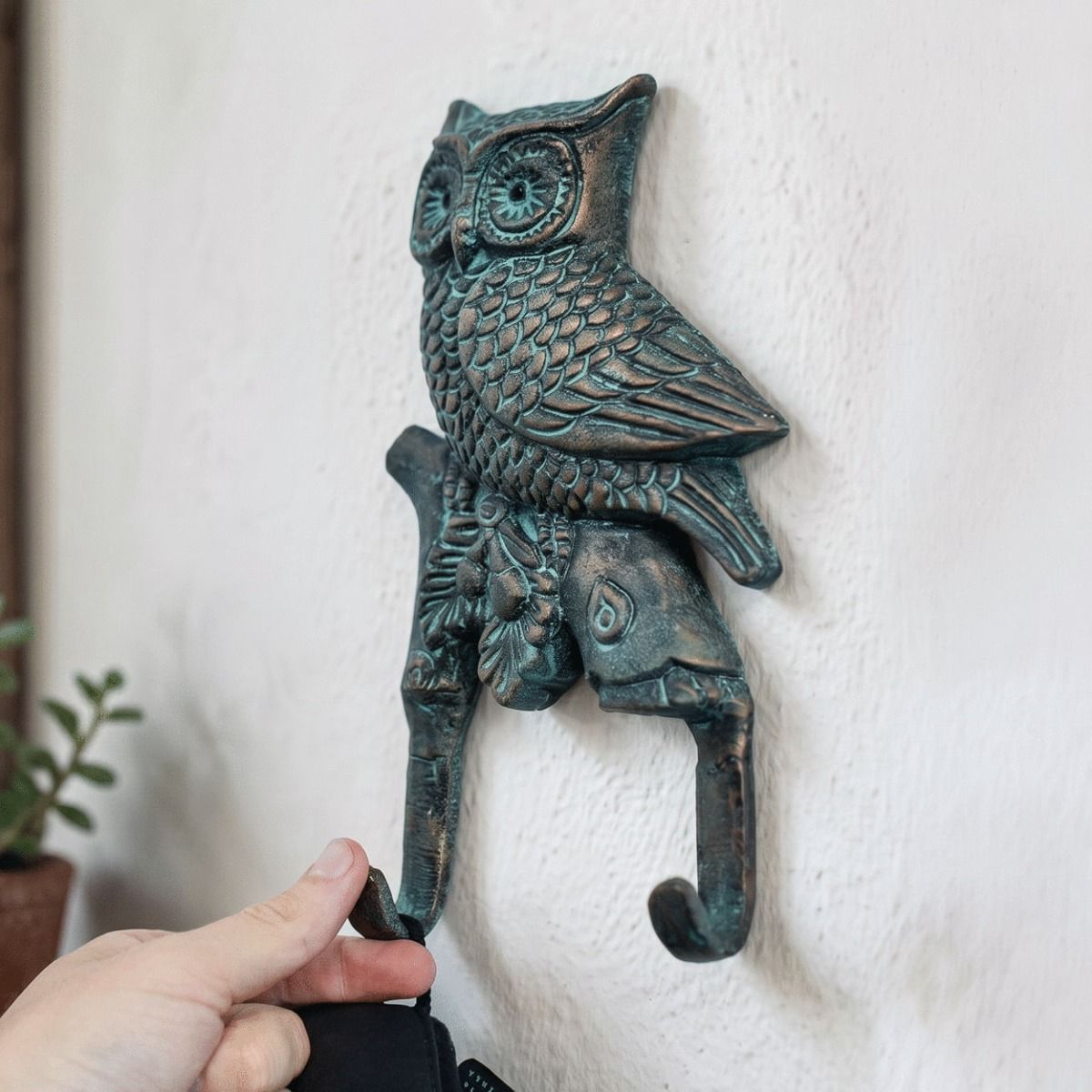 The Verdigris Owl Double Hook on a White Wall with a Hand in Shot for Scale - Digital Illustration 