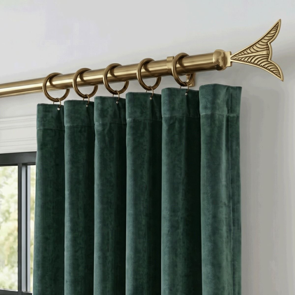 The Version 2 “Finchley Fletch” Curtain Finial Fitted on a Matching Curtain Pole in a Modern Living Room Interior - Digital Illustration 