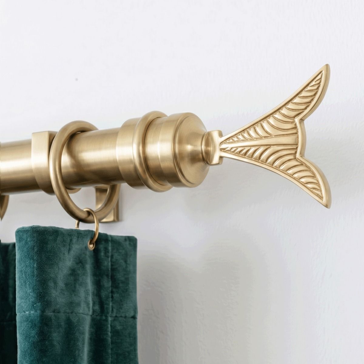 The Version 2 “Finchley Fletch” Curtain Finial Fitted on a Matching Curtain Pole in a Modern Living Room Interior Shown Close up - Digital Illustration 