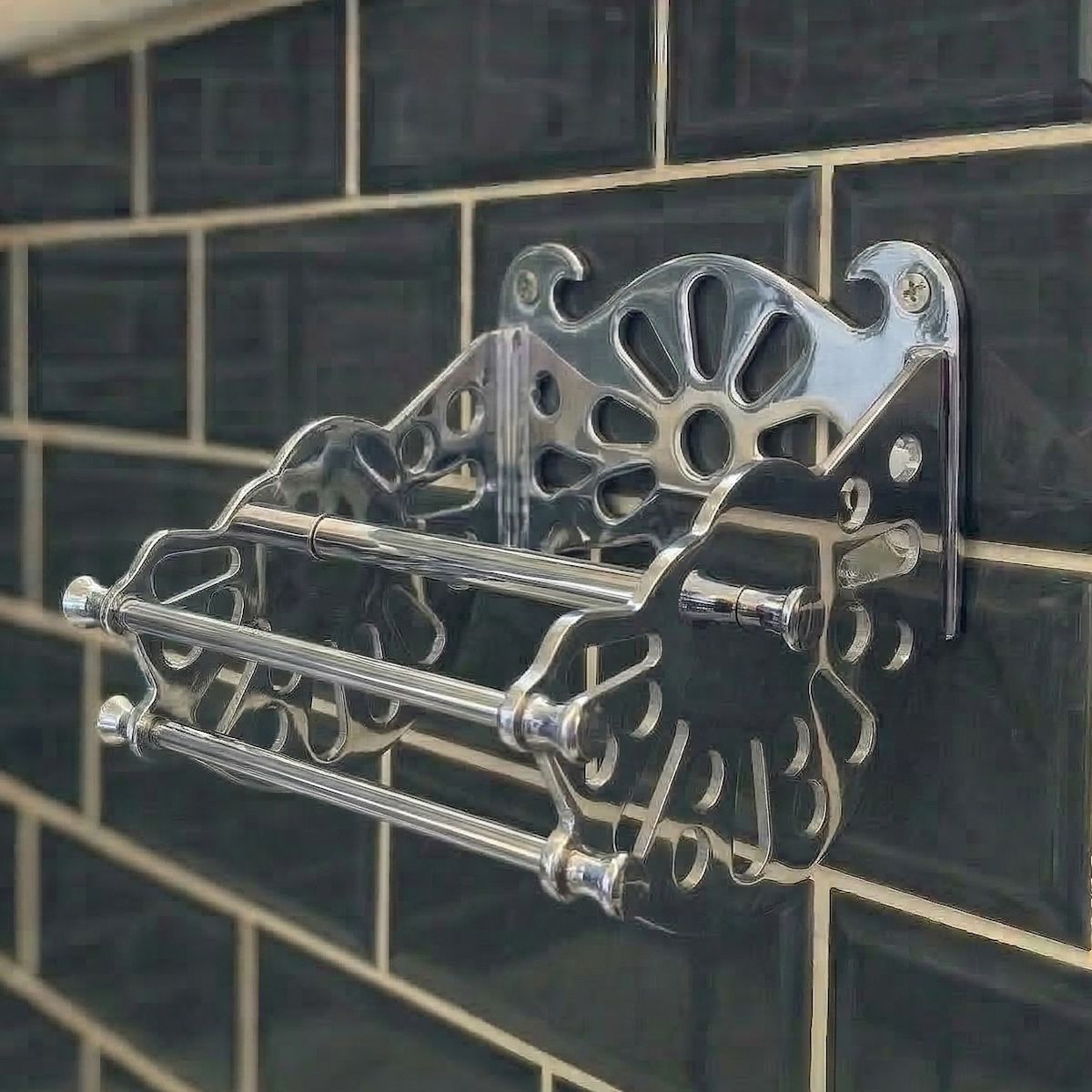 Digital Illustration of the Chrome Version of The Victorian ”Mitchell” Toilet Roll Dispenser Without a Toilet Roll Close up View