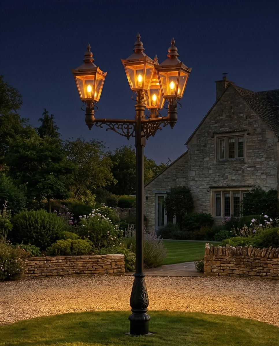 The Victorian Quadruple Lamp Post and Lantern Set digital illustration at night