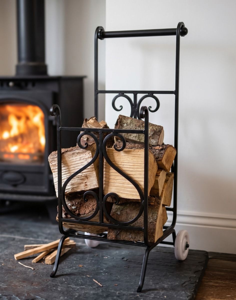 The Viking Wrought iron Log Trolley with Split Logs next to a Log Burner Stove - Digital Illustration 