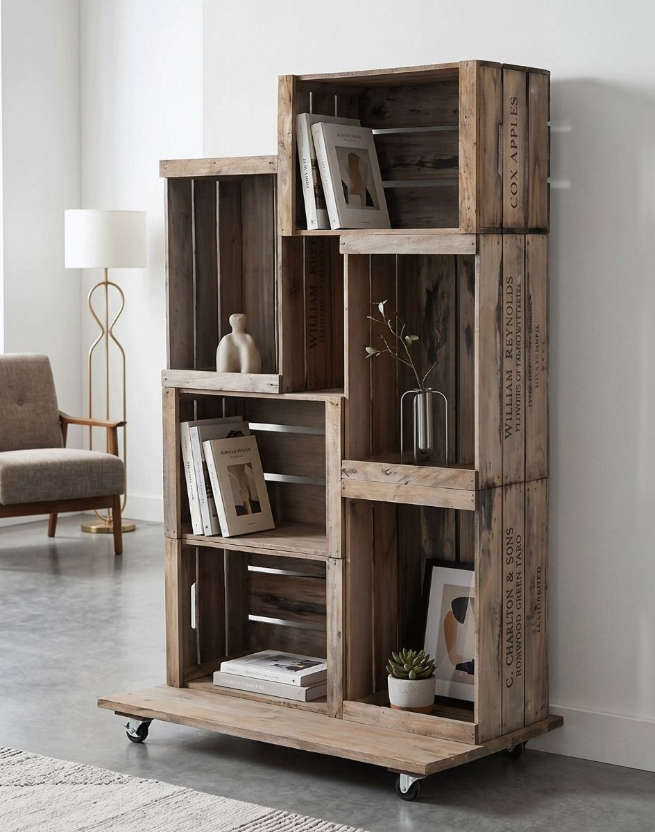 The Vintage Apple Crate Storage Cabinet Used to Create a Beautiful Home Display with Books and Picture Frames - Digital Illustration 