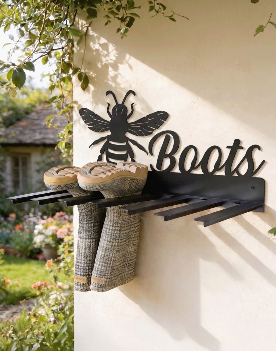 The Wall Mounted Bumble Bee Iron Boot Holder Fixed to an Exterior Garden Wall - Digital Illustration 