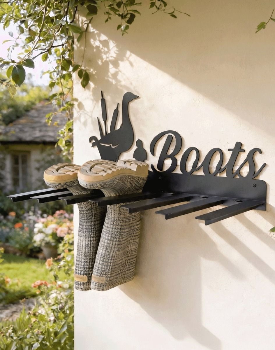 The Wall Mounted Duck Iron Boot Holder Fixed to an Exterior Cream Coloured Garden Wall - Digital Illustration 