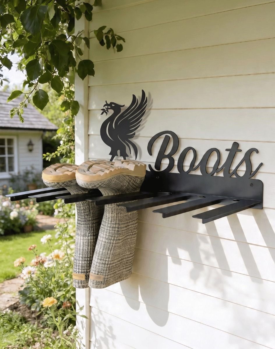 The Wall Mounted Liver Bird Iron Boot Holder Fitted to a Wooden Garden Extreior Wall - Digital Illustration 