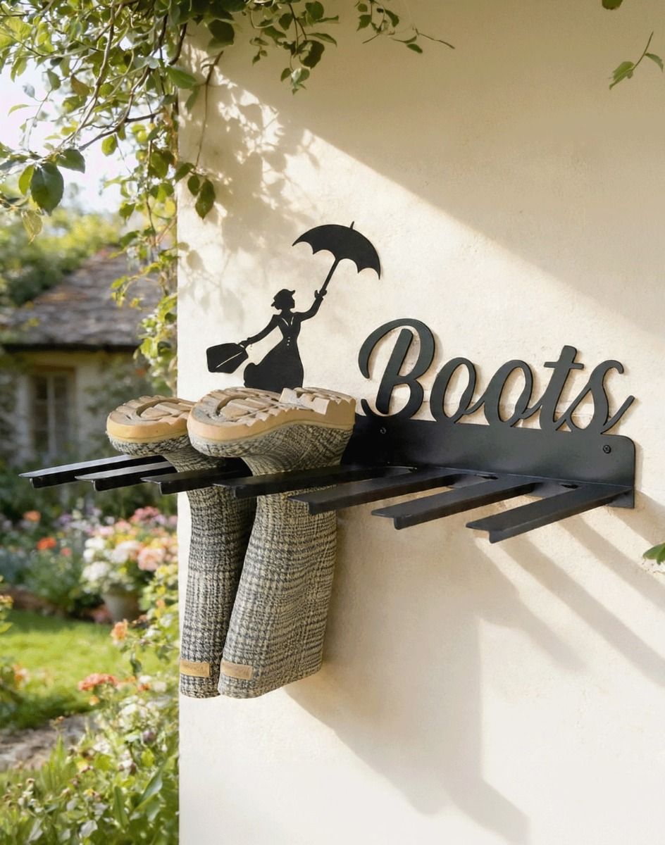 The Wall Mounted Mary Poppins Iron Boot Holder Fixed to a Cream Coloured Porch Wall - Digital Illustration 