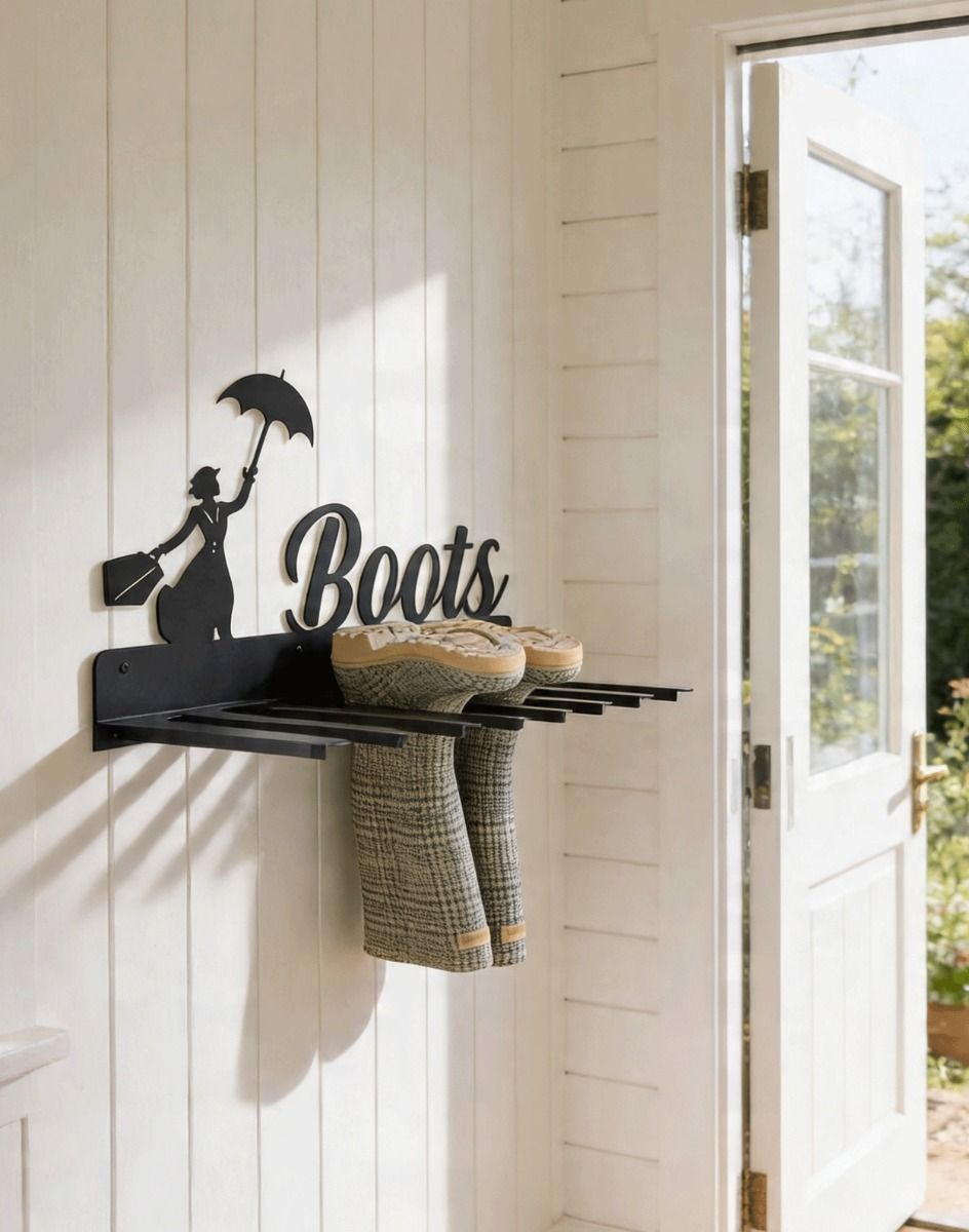 The Wall Mounted Mary Poppins Iron Boot Holder Fixed to a Wooden Indoor Porch Wall - Digital Illustration