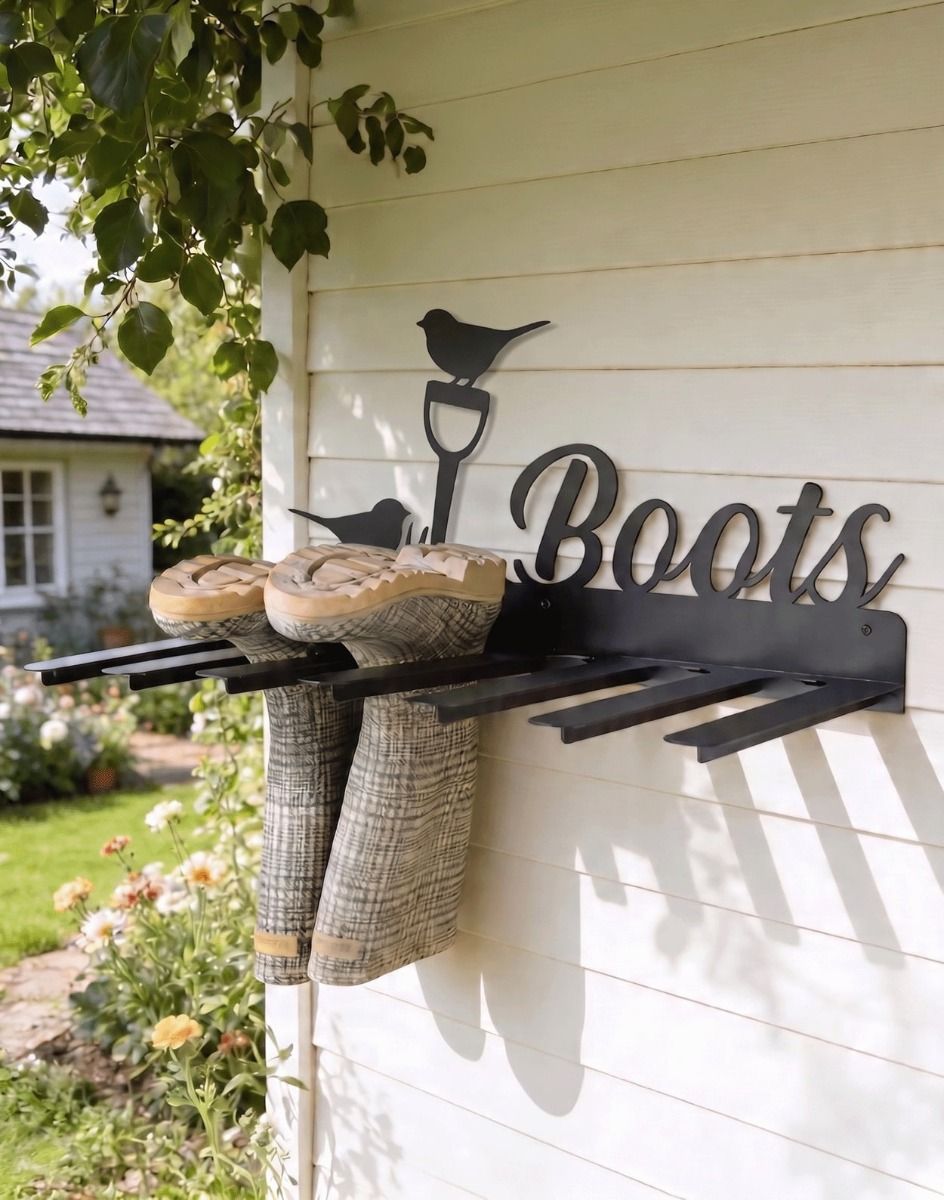 The Wall Mounted Robin Iron Boot Holder Fixed to a Wooden Panel Exterior Garden Wall - Digital Illustration