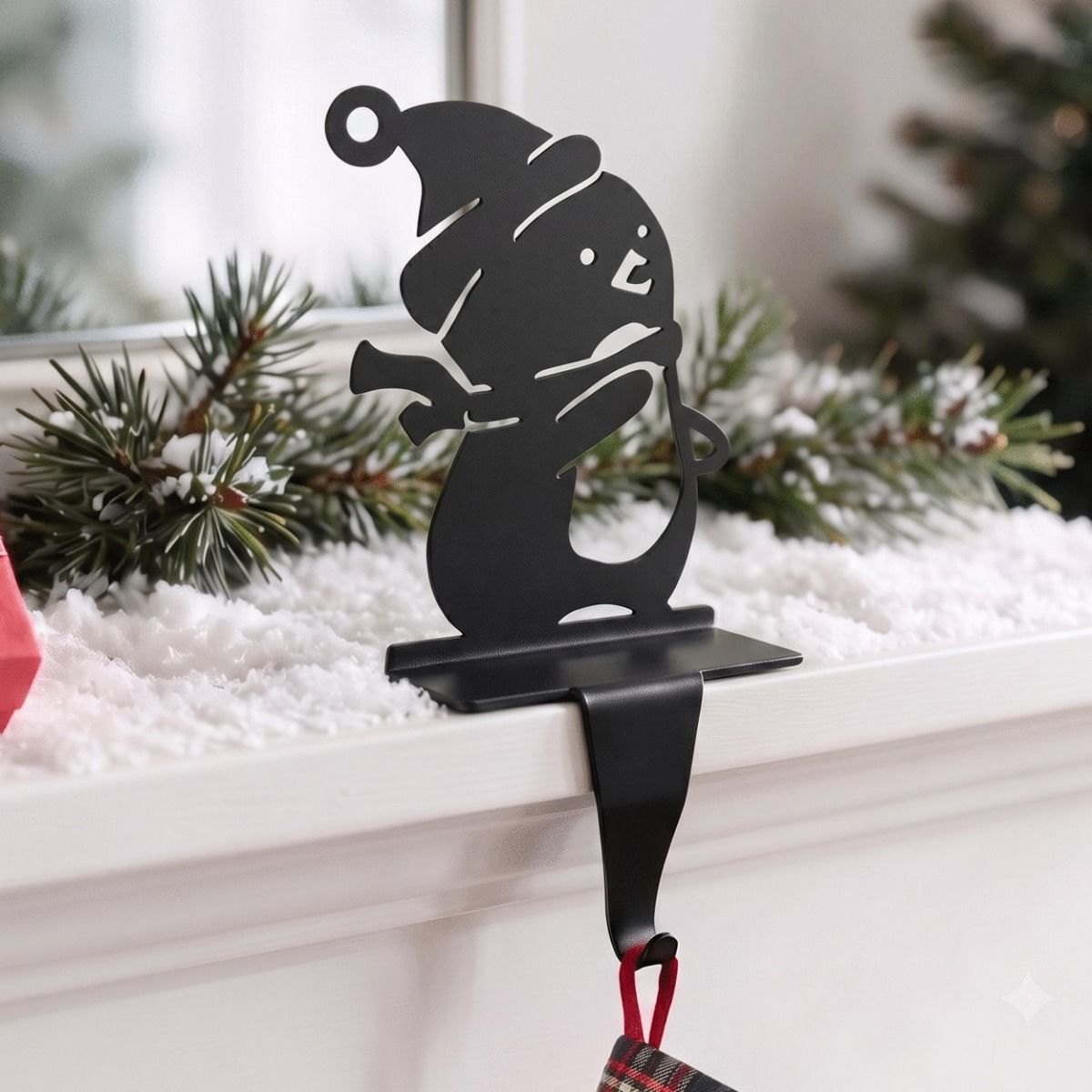 The Waving Penguin Stocking Holder on a Decorated Mantelpiece in a Modern Home - Digital Illustration