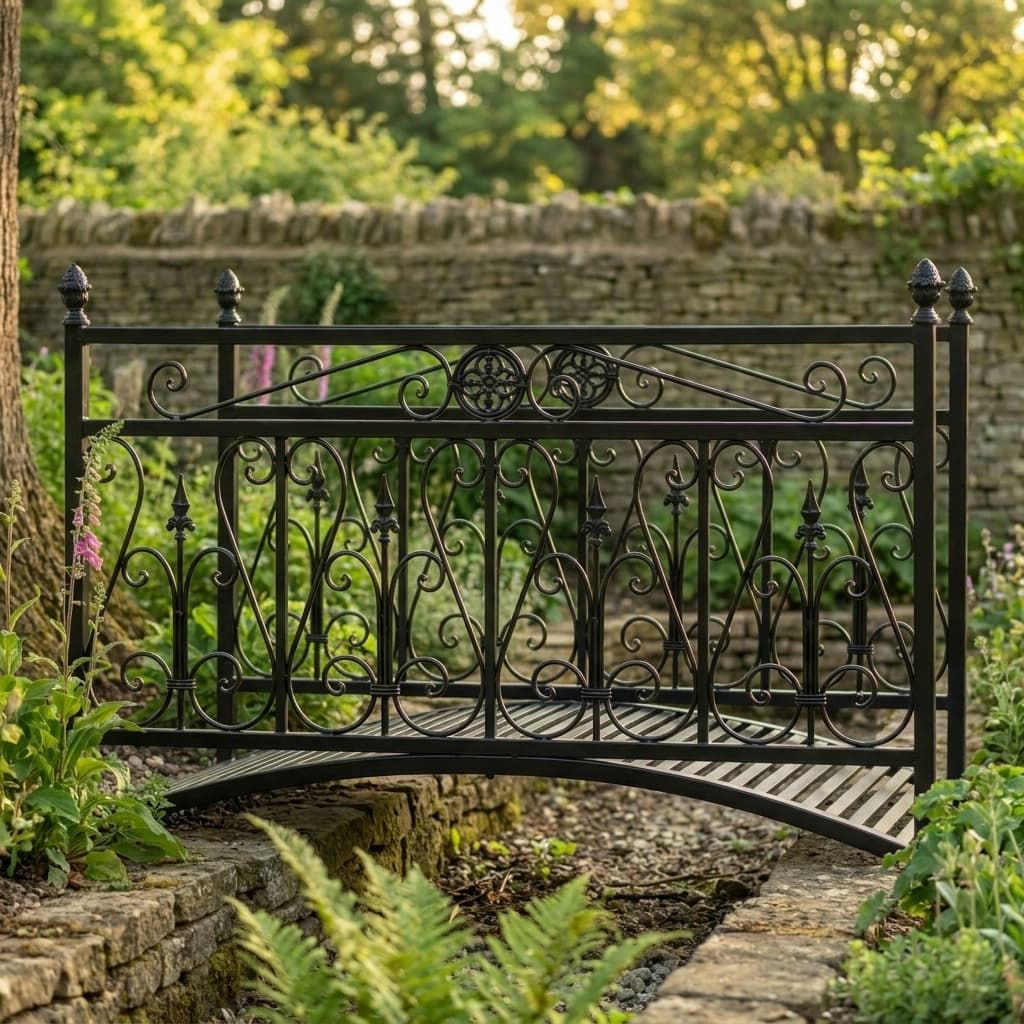 The Westminster Victorian Ornate Wrought Iron Garden Bridge in a Black Finish Shown from the Side over a Small Stream - Digital Illustration 