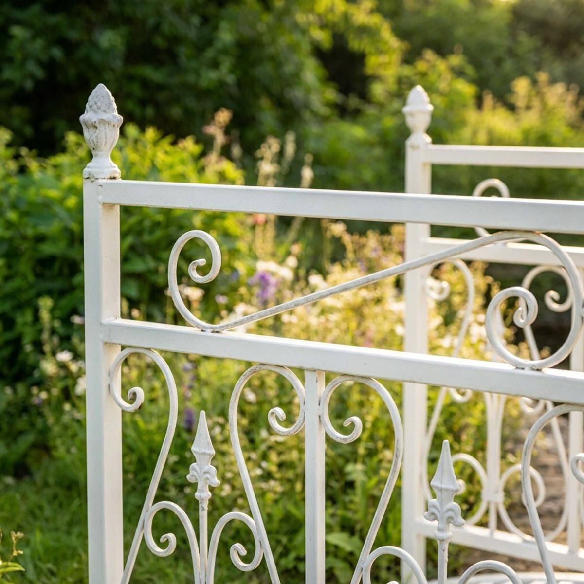 The Westminster Victorian Ornate Wrought Iron Garden Bridge in a White Finish Shown in a Sunny Private Garden over a Small Stream Showing a Close up View of the Finnials and Scrollwork - Digital Illustration 
