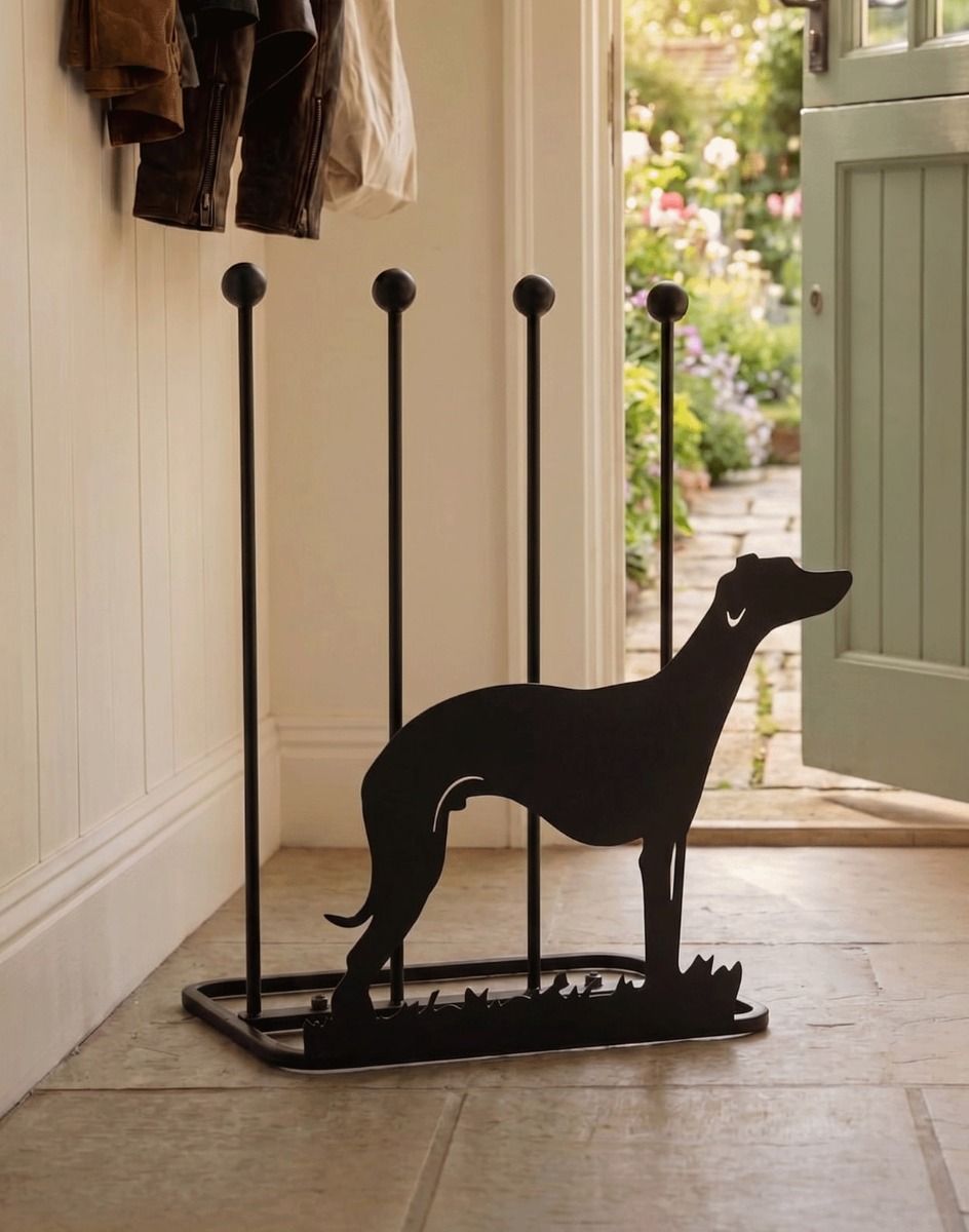 The Whippet Welly Rack in Black on a Stone Tile Cottage Hallway - Digital Illustration