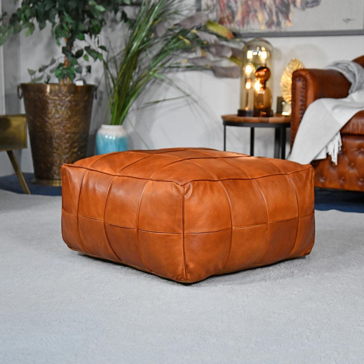"The Wickesbury" tan Leather Pouffe in Full 