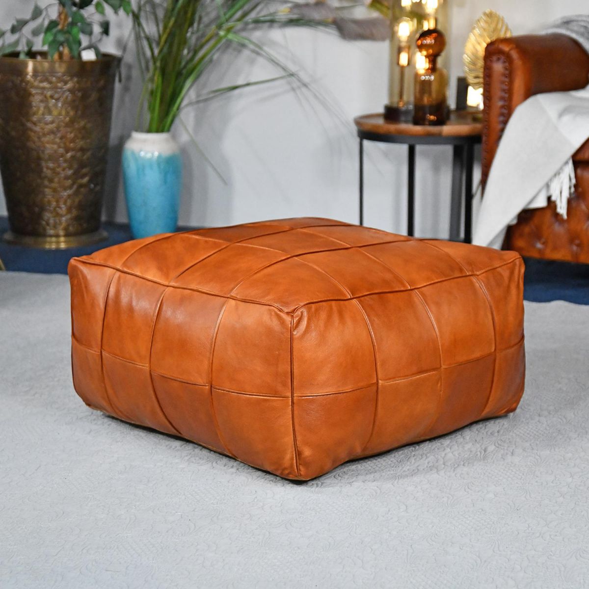 "The Wickesbury" Tan Leather Floor Pouffe 