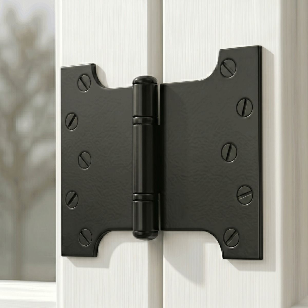 The Wide Black Iron Parliament Hinge Pair Mounted on a Classic White Wooden Window Frame in a Country Home - Digital Illustration