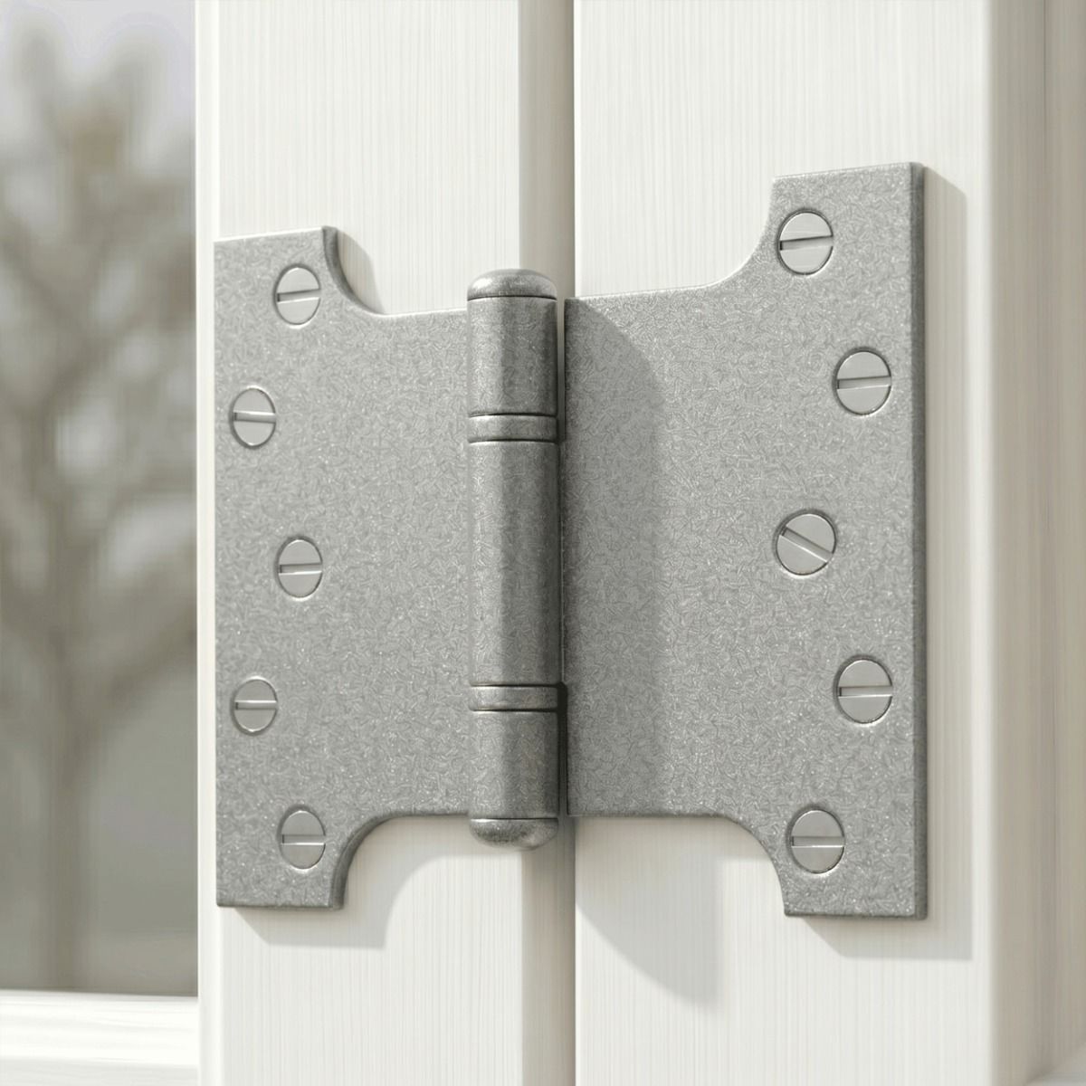 The Wide Pewter Parliament Hinge Pair Fitted on the inside of a Wooden Window Frame in a Contemporary Home - Digital Illustration