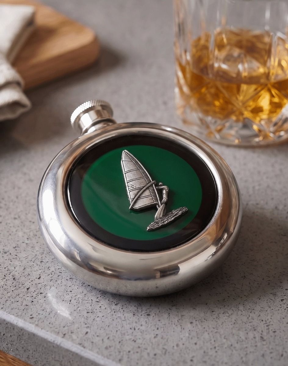 The Wind Surfer Whiskey Flask on a Grey Counter top With a Glass of Whisky - Digital Illustration