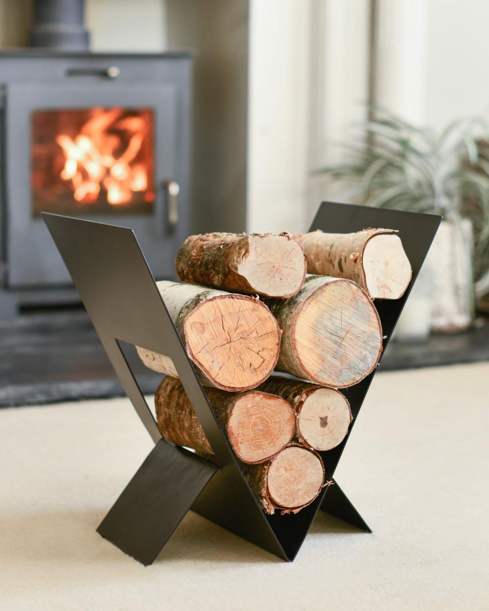 "The Winsford" Contemporary Log Holder In A Fireplace Setting
