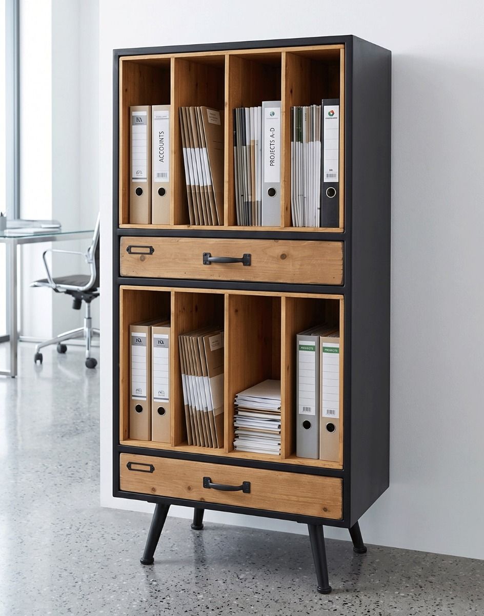 The Wood & Metal Retro Filing Cabinet with Drawers Displayed in a Home Office Supporting Files - Digital Illustration 